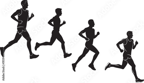 Silhouettes of four runners in motion depicting a race or workout