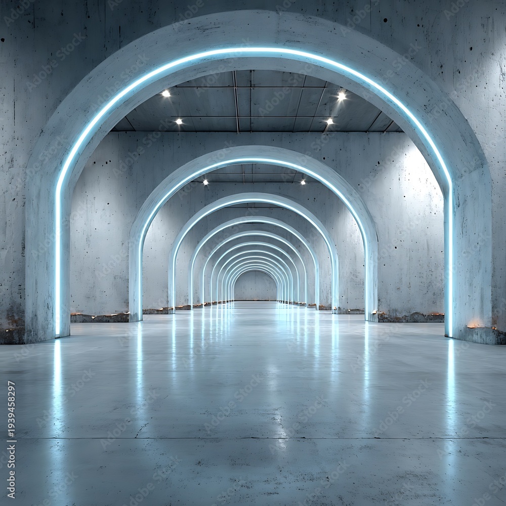 Obraz premium Futuristic Concrete Tunnel with Glowing Blue Neon Arches, Modern Architectural Corridor Design, Empty Sci-Fi Hallway Concept for Presentations