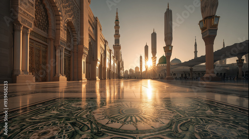Exterior view of the prophet's mosque in medina at sunset with golden light reflecting off the floor