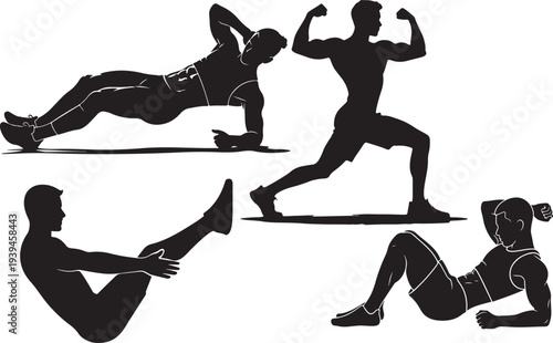 Silhouettes of people performing various fitness exercises and workout routines