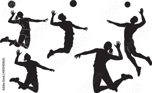 Silhouettes of volleyball players jumping and reaching for the ball