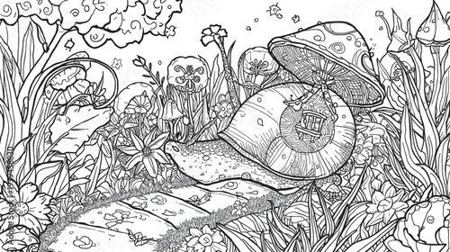 Whimsical Black and White Nature Art Featuring an Enchanted Garden with Intricate Mushroom and Floral Patterns