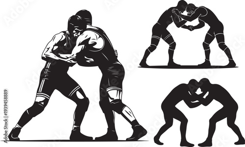 Silhouettes of wrestlers engaged in intense grappling and competitive combat
