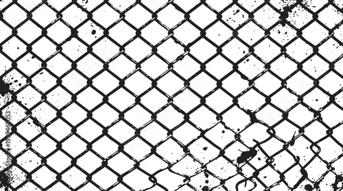 Black grunge chain link fence texture. Vector industrial wire mesh and metallic border background with ink splatters.