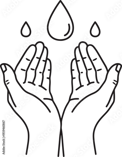 Hands cupped under falling water drops also transparent background cupped hands black and white line minimalist