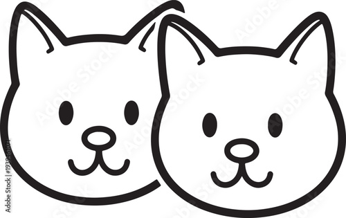 Two smiling cartoon cat faces side by side black outline also transparent background feline