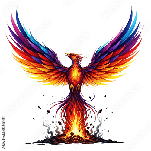 Colorful Phoenix Rising from Flames in Mythical Artwork