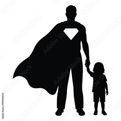 Silhouette of a man and a little girl holding hands in superhero cape