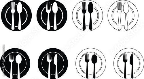 Variety of plate icons with fork and spoon in different styles