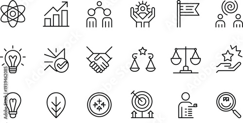Business success and leadership line icons set, teamwork strategy innovation growth target balance vision outline collectionBusiness success and leadership line icons set