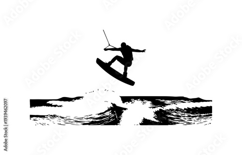 Vector silhouette of kitesurfer jumping over waves