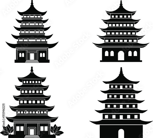 Japanese pagoda silhouette set featuring four detailed traditional temple designs for Asian culture oriental architecture and travel tourism design projects