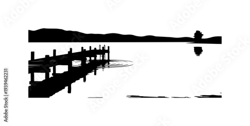 Black silhouette of a dock on a lake vector illustration