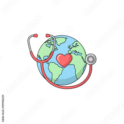 Cartoon illustration of a globe with a red stethoscope and heart, symbolizing global health and care.