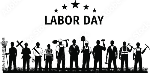 Labor Day celebration banner with black silhouettes of diverse workers holding tools standing together on white background with stars and text