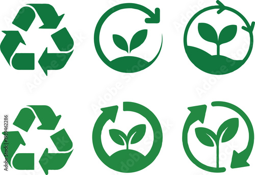 Eco friendly recycling and growth symbols in green