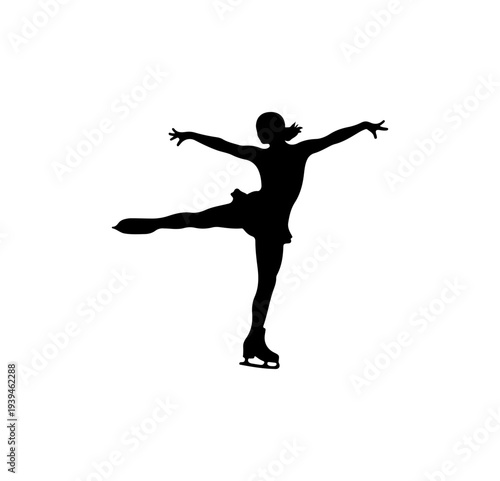 Vector silhouette of woman ice skating, black figure on white background