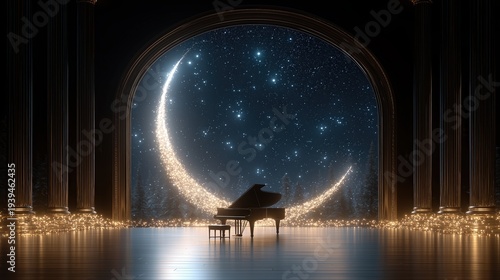 Grand Piano on Stage Under a Starry Night Sky with a Crescent Moon of Light
