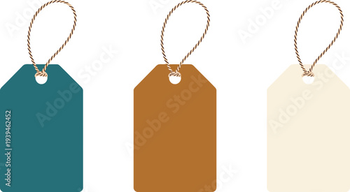 Set of blank colorful tags with twine for labeling and organization