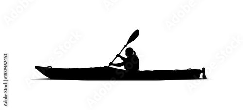 Vector silhouette of a person kayaking on a white background