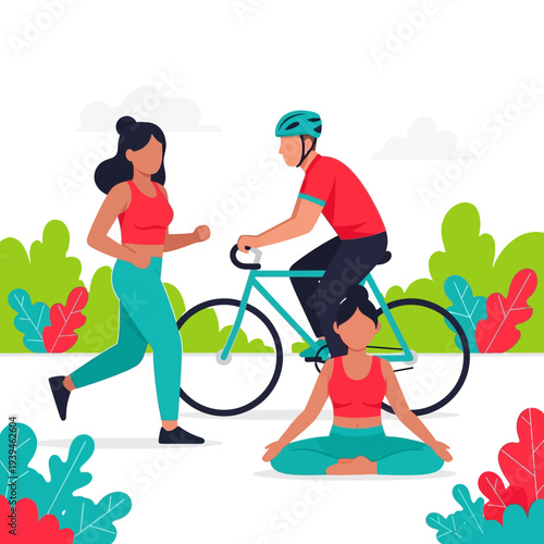 A vibrant illustration depicting people enjoying various outdoor activities like jogging, cycling, and yoga in a park setting.