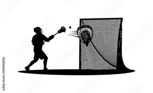 Vector illustration of man playing lacrosse, throwing ball into goal