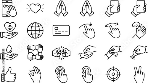 Human interaction and gesture line icons set, touch swipe handshake donate pray like outline vector collection