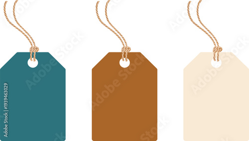 Set of colorful blank tags with twine strings for gift or sale