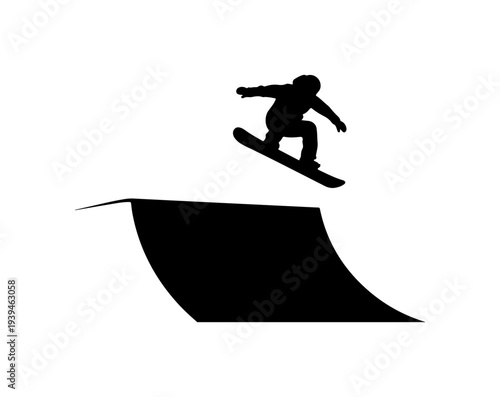 Black silhouette of skateboarder performing trick on ramp vector