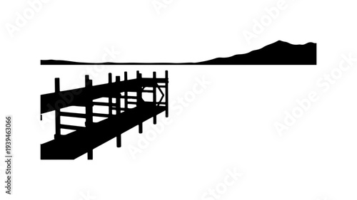 Black silhouette of a wooden dock or pier on a white background, vector