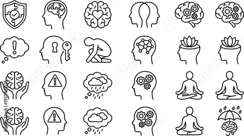 Mental health and mindfulness line icons set, psychology therapy meditation brain wellbeing stress outline vector collection