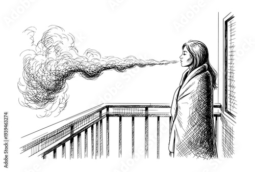 Woman Wrapped in Blanket Exhaling Cold Breath on Balcony Ink Sketch Black and White