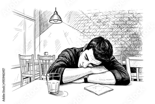 Exhausted Man Sleeping at Table in Cafe Black and White Pen and Ink Sketch
