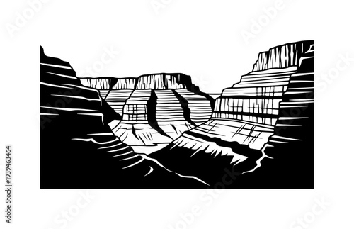 Black and white vector illustration of Grand Canyon landscape