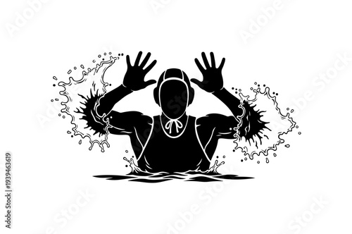 Vector illustration of a person in water with hands up