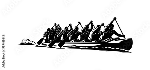 Vector silhouette of rowing team in a boat