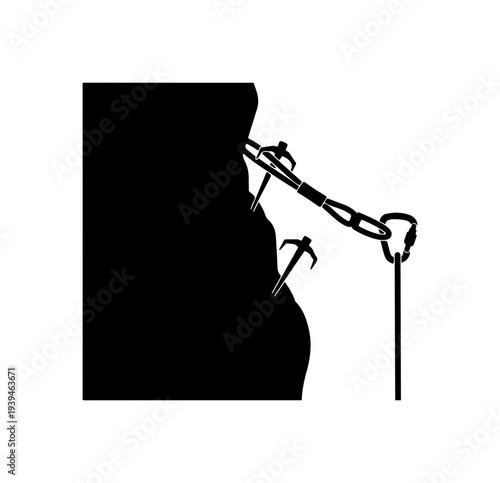 Vector silhouette of a cliff face with pickaxe and chain
