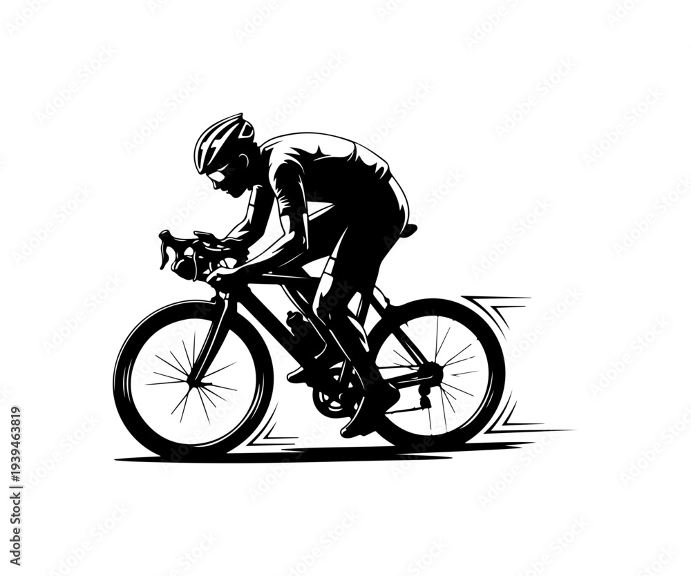 Obraz premium Vector illustration of a cyclist in motion, black silhouette on white background