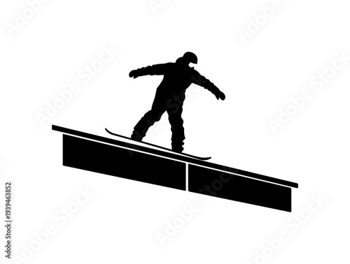 Black silhouette of snowboarder on rail vector