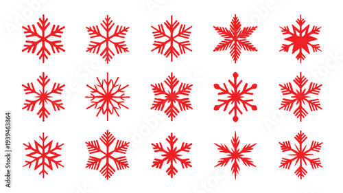 Collection of various red snowflake icons for winter holidays, Christmas designs, and seasonal celebrations