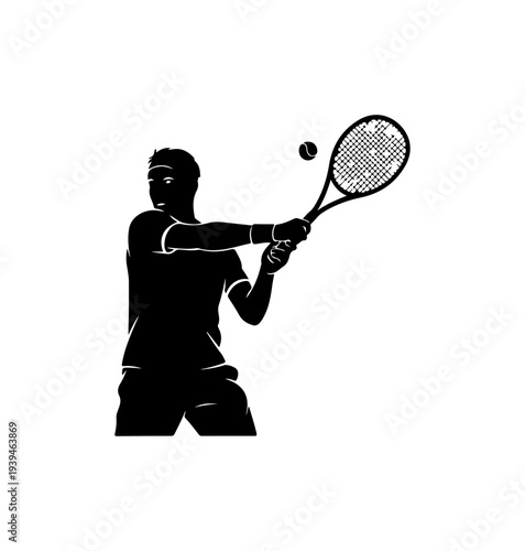 Black silhouette of tennis player hitting ball with racket, vector illustration