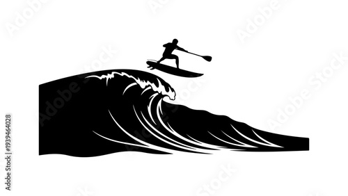 Vector silhouette of surfer on wave, black icon