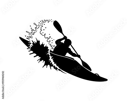 Vector silhouette of kayaker in motion on white background
