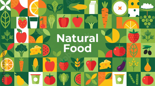 Natural food colorful mosaic with fruits and vegetables icons
