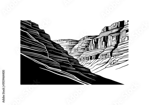 Vector illustration of rocky cliff landscape in black and white