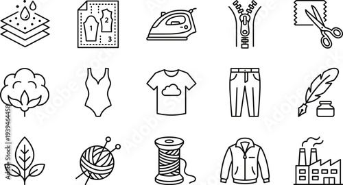 Textile and clothing production line icons set, fabric sewing tailoring fashion industry tools cotton garment manufacturing outline collection