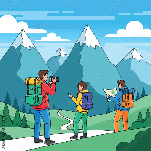 Mountain Hiking Adventure with Backpackers Exploring Nature Landscape Illustration