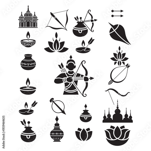 A collection of black and white Indian Diwali festival icons and symbols