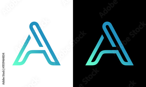 Modern letter A logo design presented on contrasting white and black backgrounds from a straightforward viewpoint