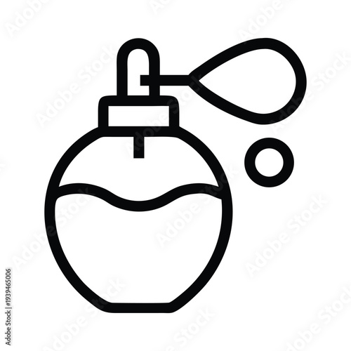 Vector outline icon of a perfume bottle with an atomizer pump and a liquid drop.